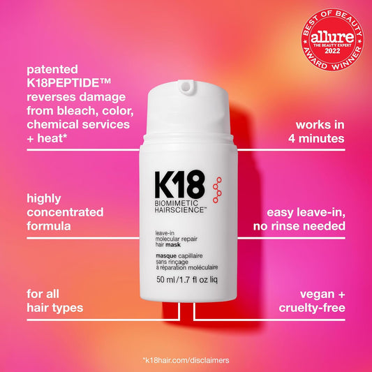 K18 Leave-In Repair Hair Mask Treatment To Repair Dry Or Damaged Hair - 4 Minutes To Reverse Hair Damage From Bleach